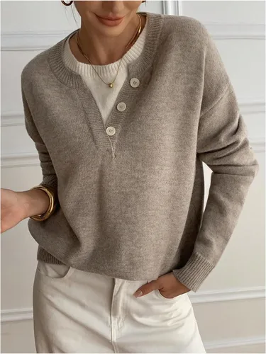Vista 6 de SOLY HUX Suéteres Pullover para Mujer de Manga Larga con Botones Cuello Redondo 2 en 1 Tops de Punto Holgados Albaricoque puro