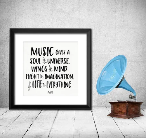 Vista 4 de La música da un alma al universo Platón Art Print. Cita literaria inspiradora musical. Papel de bellas artes, laminado o enmarcado.