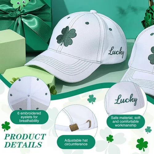 Vista 4 de Tigeen 4 unidades de sombrero de béisbol del día de San Patricio, gorra de béisbol de trébol, sombrero irlandés bordado de trébol, regalos
