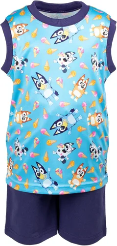 Vista 5 de Bluey Bingo Dad Mom - Camiseta sin mangas y pantalones cortos de rizo francés, conjunto de 3 piezas para niño pequeño a niño grande