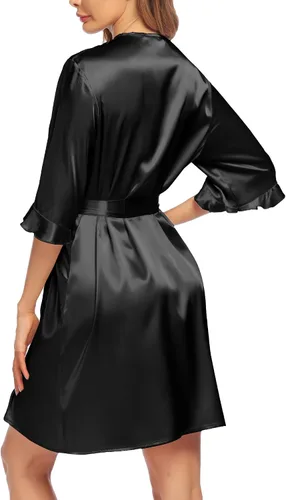 Vista 3 de Ekouaer Bata de satén para mujer, lencería de San Valentín para mujer, kimono, bata corta con volantes, cinturón, ropa de dormir para damas de honor
