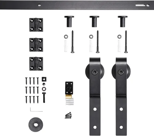 Vista 4 de Kit de herrajes para puerta de granero plegable de 52 pulgadas para 2 puertas, rodillo resistente montado en riel negro y en la parte superior, kit