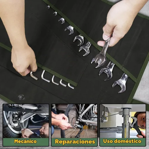 Vista 8 de Rollo de llaves de 30 bolsillos, resistente de 16 onzas. Bolsa organizadora de llaves de lona encerada para llaves métricas y SAE, bolsa de llaves
