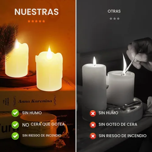 Vista 6 de 3 PZS Velas LED de Cera Real Recargables Sin Llama, Blanco Cálido, Control Remoto, D2 x H4", Brillo Ajustable Parpadeante Operadas con Batería Velas