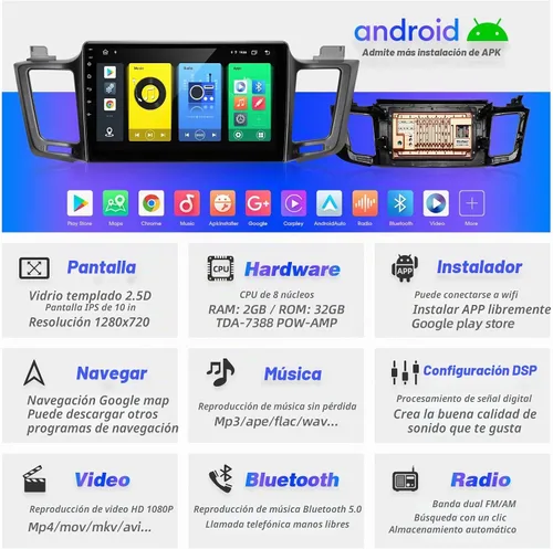 Vista 3 de Para RAV4 Actualización Android Radio Pantalla Táctil Compatible con Carplay Android Auto, Coche Estéreo Bluetooth Navegación Media Player GPS WiFi