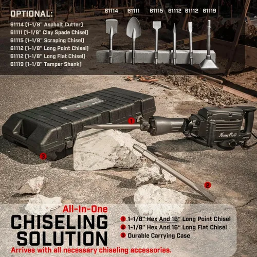 Vista 5 de XtremepowerUS - Martillo eléctrico de demolición Pro-series de 2200 W, rompedor de concreto con cincel plano y punta de cincel con estuche