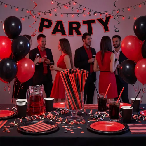 Vista 5 de Zhehao 50 popotes de plástico rojo y negro, pajitas de plástico desechables a granel de 9 pulgadas de largo para suministros de fiesta