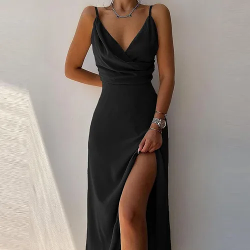 Vista 2 de Vestidos de cóctel para mujer, fiesta de noche, sexy, elegante, sin mangas, tirantes delgados, cuello en V, maxi vestido largo con abertura lateral