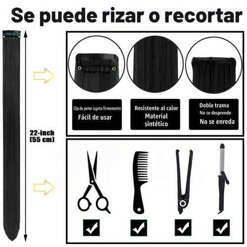 Vista 4 de 12 extensiones de cabello negro con clip para mujeres adolescentes 12 piezas - negro