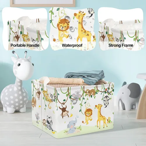 Vista 4 de Clastyle Cesta de bebé con diseño de animales del bosque de vid para niños, caja organizadora de caja de pecho, organizador de guardería, decoración