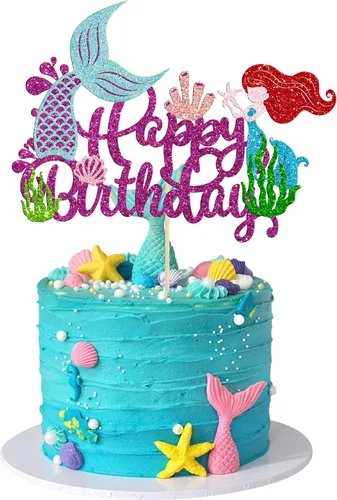 Vista 10 de Gyufise 1 pieza de decoración de pastel de sirena de feliz cumpleaños con purpurina de animales del océano, conchas marinas, cola de sirena