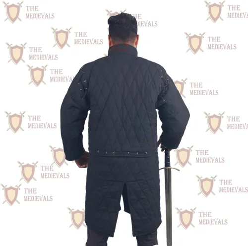 Vista 3 de Medieval gruesa acolchada mangas completas Gambeson abrigo Aketon chaqueta armadura, tela de algodón negro