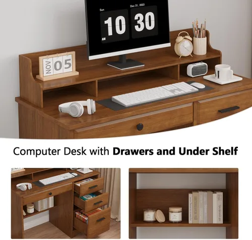Vista 4 de 4 EVER WINNER - Escritorio para computadora con cajones para espacios pequeños, escritorio de madera con gabinete de archivos y soporte