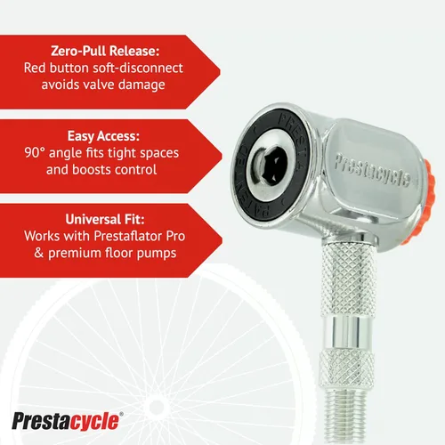 Vista 3 de Prestacycle Pro Presta Head - Cabezal de bomba de neumático de bicicleta con bloqueo automático para válvulas sin cámara y Presta, diseño de acero