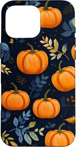 Vista 19 de iPhone 16 Calabazas y Hojas de Otoño Patrón Fondo Oscuro Caso