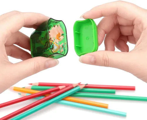 Vista 4 de Paquete de 4 sacapuntas manuales de doble agujero con tapa para niños, escuela, oficina, hogar (azul, verde, naranja, rosa)