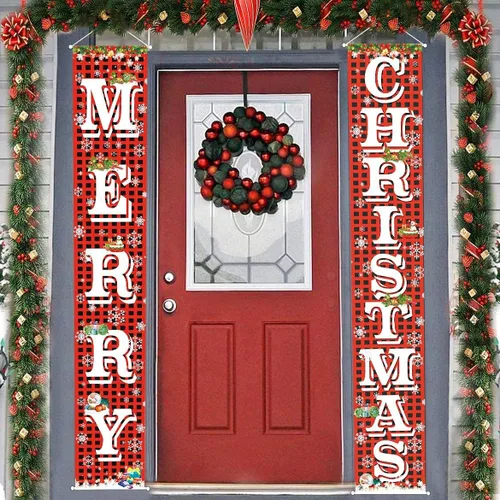Vista 9 de Fecedy Cartel colgante de Feliz Navidad para porche y telón de fondo de Navidad con patrón de nieve Stree para el hogar, patio, interior, exterior