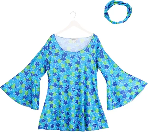 Vista 3 de Wildflower Hippie Dress Costume 70s Outfit For Women Floral Print Minidress, Scoop Neckline And Flared Sleeves