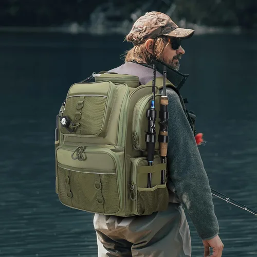 Vista 6 de WANOON Mochila de pesca, bolsa de aparejos, con cajas de aparejos. Bolsa de pesca grande, materiales fuertes