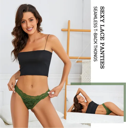 Vista 3 de Riozz Tangas de encaje para mujer, bragas sexys de cintura baja, tangas en T, ropa interior para mujer, paquete de 5, S-XL