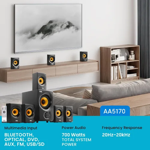 Vista 2 de Acoustic Audio AA5170 Sistema de bocinas Bluetooth 5.1 para cine en casa 700W con subwoofer de graves activos