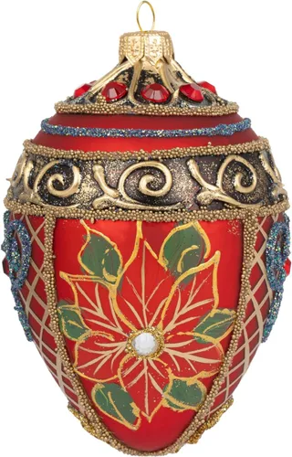 Vista 15 de Fabergé Huevo - Adorno para árbol de Navidad de vidrio soplado de 5 pulgadas, diseño de flor de pascua, color borgoña mate, 5 pulgadas