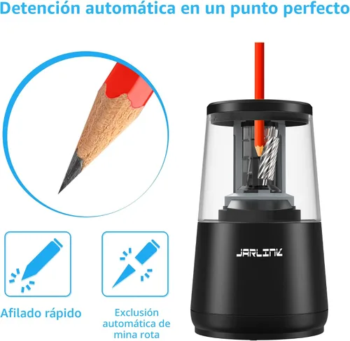 Vista 3 de Jarlink - Sacapuntas eléctrico con hoja de alta resistencia para afilar rápidamente y parada automática para lápices número 2 y de colores (6-8 mm)