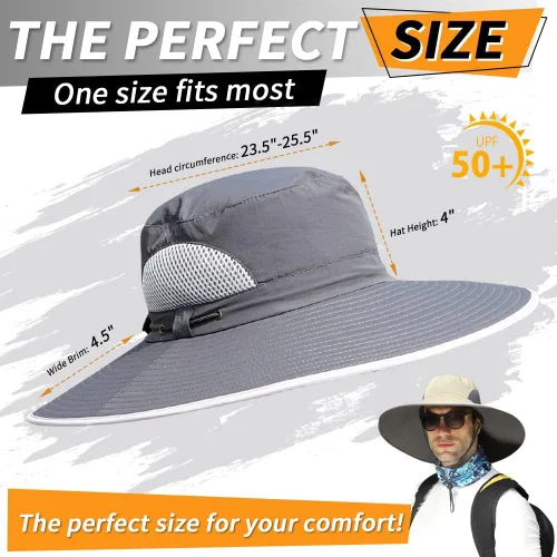 Vista 5 de 【Gran tamaño XXL y ala ancha】 Sombreros de sol para hombre, UPF50+resistente al agua: sombrero de pesca Boonie para senderismo, safari, playa, jardín