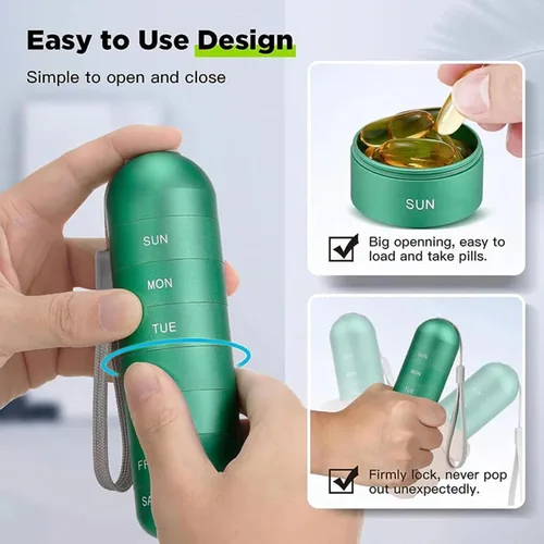 Vista 3 de Pastillero portátil de 7 días para viajes, organizador semanal de píldoras impermeable de aleación de aluminio, pastillero de viaje de 7 días
