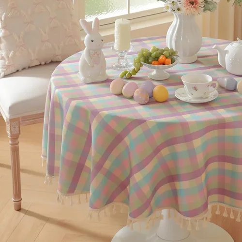 Vista 23 de Laolitou Mantel redondo a cuadros verde, de lino y algodón, con borla, a cuadros de búfalo, lavable, mantel de gingham para sala de estar