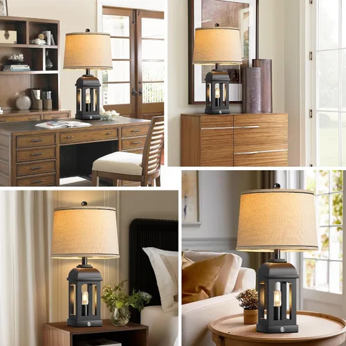 Vista 7 de QiMH Lámpara de mesa para sala de estar, lámparas de granja con USB A+C y luz nocturna, lámparas de noche rústicas de 26" con control táctil