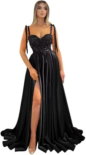 Vista 5 de Vestido de fiesta de lentejuelas brillantes con abertura y tirantes delgados, vestido de noche formal para boda, dama de honor con bolsillos