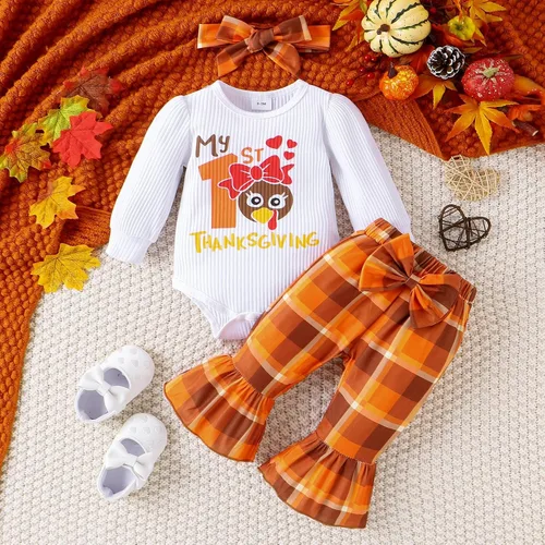 Vista 2 de Xiaodriceee Conjunto de mameluco de manga larga para bebé recién nacida, conjunto de pantalones de campana de pavo para otoño e invierno