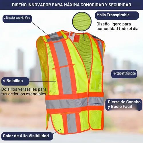 Vista 4 de Chaleco de seguridad de alta visibilidad, chaleco de seguridad ANSI Clase 2 con 5 bolsillos, amarillo con cierre de ajustable, malla transpirable