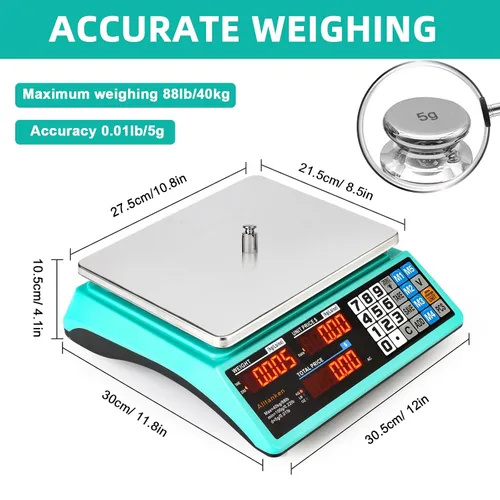 Vista 4 de Báscula comercial de alimentos de 88 libras y 66 libras, calculadora de precios, conteo preciso y pantalla LED doble, báscula digital de cálculo