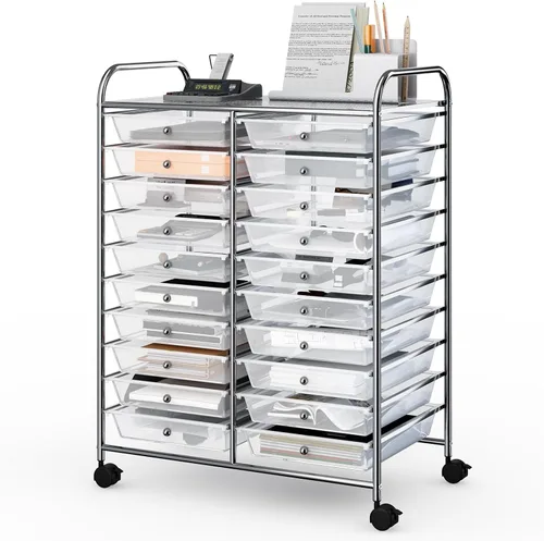Vista 19 de DREAMADE Carrito rodante con cajones de almacenamiento, carrito utilitario con cajones de plástico extraíbles, ruedas con cerradura, carrito de arte