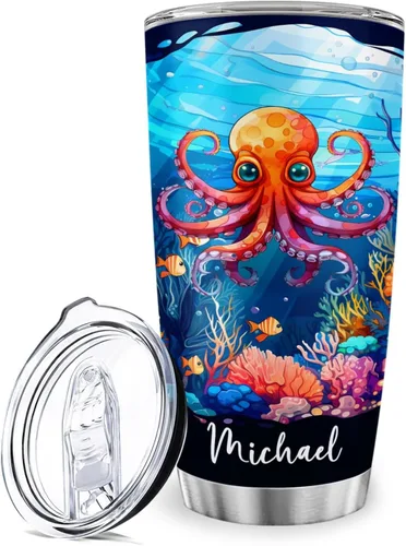 Vista 17 de Vaso de ballena azul con tapa, taza de viaje de acero inoxidable de 20 onzas, vasos personalizados de ballena, regalos temáticos del océano azul