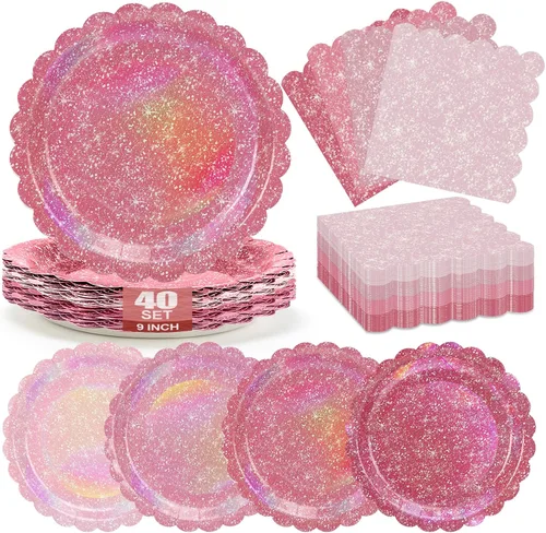 Vista 8 de Blue Iridescent Plates and Napkins Set for Birthday Baby Shower,40 Guests Disposable Light Blue Holographic Tableware Include 9" Gradient