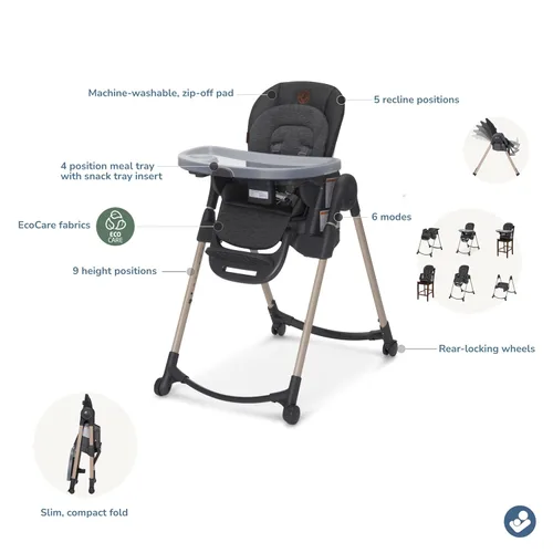Vista 3 de Maxi-Cosi Minla - Silla alta 6 en 1 para bebés y niños pequeños, silla alta plegable portátil, tela EcoCare, 9 alturas, 5 reclinables, 4 posiciones