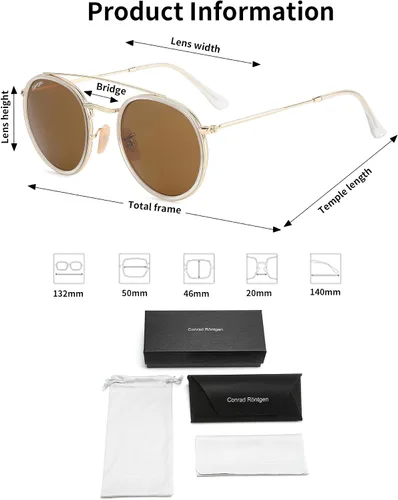 Vista 3 de CONRAD RONTGEN - Lentes de sol redondos retro para mujeres y hombres, doble puente con protección UV400