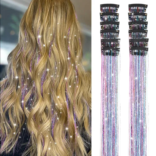 Vista 19 de Ubeleco Kit de oropel para cabello negro de 12 piezas, accesorios de cabello con clip de 52 cm, kit de oropel de pelo de hada para Navidad y Año