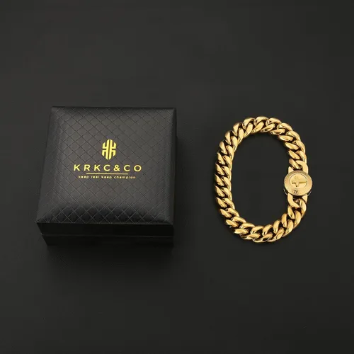 Vista 6 de KRKC&CO - Pulsera de eslabones cubanos de 12/0.551 in para hombre, chapada en oro de 18 quilates, cruz, brújula, calaveras redondas, cierre tallado