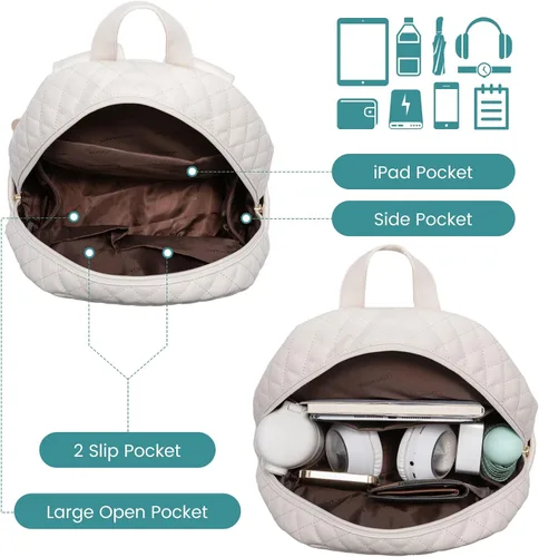 Vista 3 de LOVEVOOK Mochila pequeña acolchada para mujer, mochila de cuero, impermeable, para viajes de trabajo, Beige, Compacto