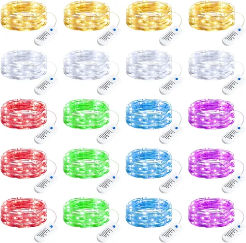 Vista 10 de Minetom Paquete de 12 luces de hadas que funcionan con pilas, 8 modos, 7 pies, 20 LED, 6 colores, impermeables, alambre plateado, luces