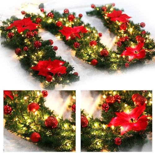 Vista 8 de Guirnalda de Navidad iluminada – 8.8 pies, de ratán, de Navidad, flores artificiales y vid artificiales de Navidad, con luces, funciona