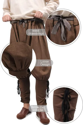 Vista 5 de KUOIN Medieval Renaissance Ankle Banded Pants for Men Linen Pirate Navigator Trousers Lace Up Bottoms