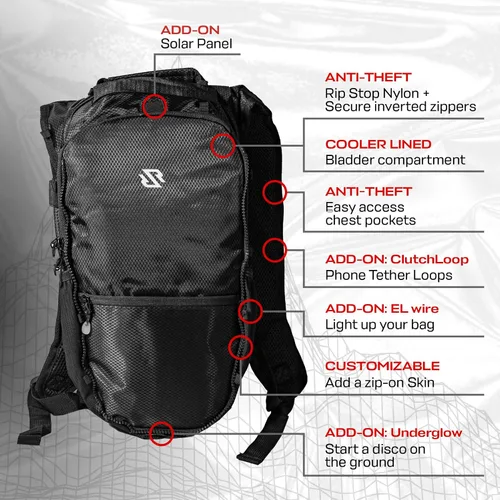 Vista 2 de RAVERUNNER Mochila de hidratación antirrobo Mochila rave aprobada por festivales para asistentes a conciertos, mochila de agua para festivales sin