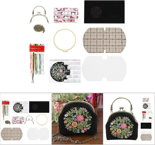 Vista 7 de Patrón de flores bordadas de bricolaje, bolsa cruzada, kits de principiantes para adultos, cartera de bricolaje, monedero, bolso, 6.5 in
