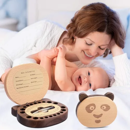 Vista 3 de AhfuLife Caja de recuerdo de dientes de bebé con botella de lanugo, caja de recuerdo de madera con forma de panda para los primeros dientes