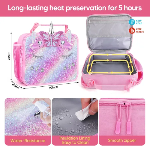Vista 3 de JYPS - Caja de almuerzo estilo bento con diseño de unicornio para niños con bolsa de almuerzo aislada, juego de lonchera con botella de agua